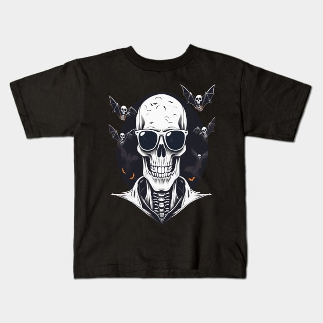 Halloween Skeleton with Sunglasses and Bats Flying Around it Kids T-Shirt by BirdsnStuff